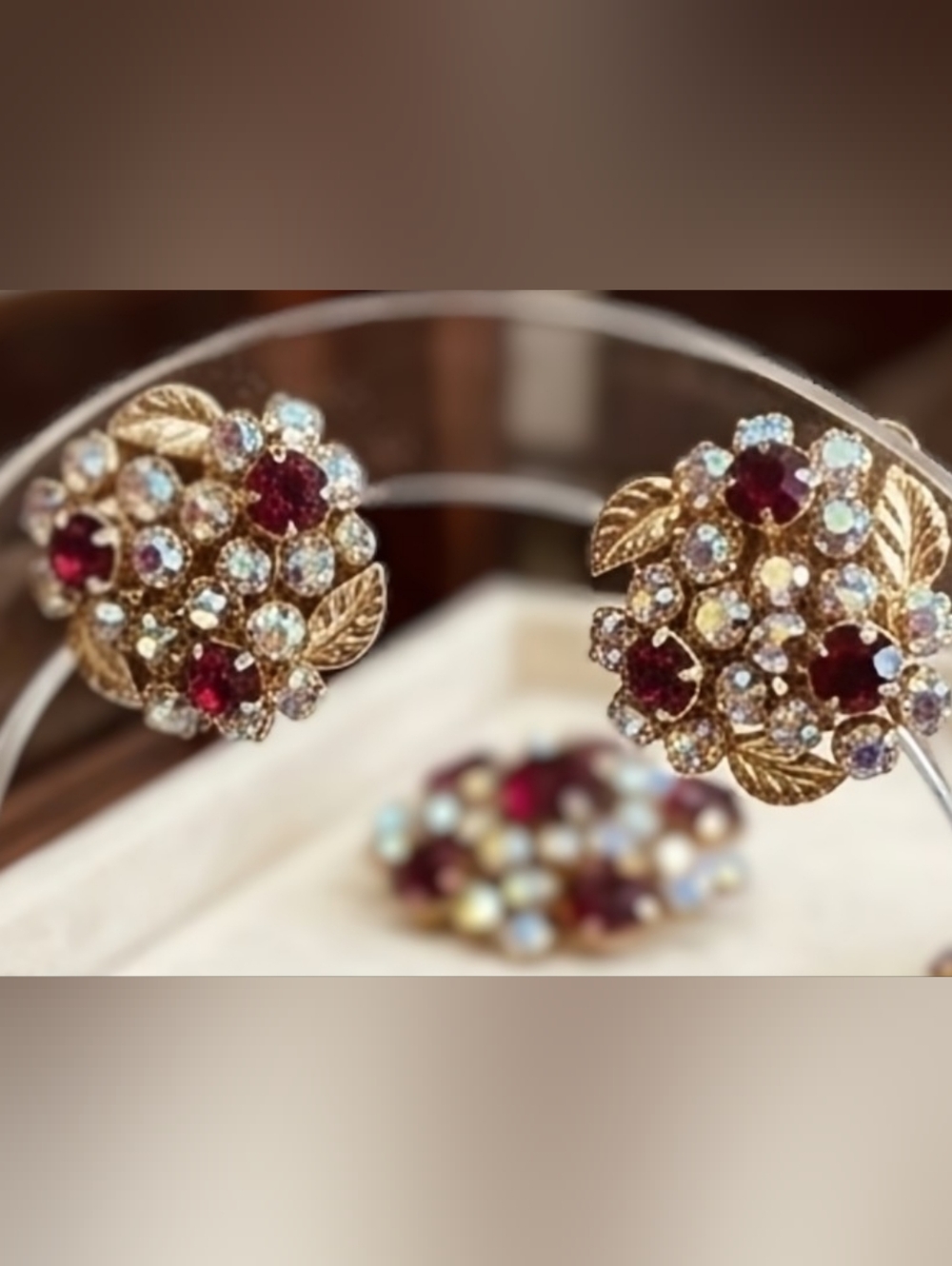 Albert Weiss Gold-Tone Cluster Earrings with Ruby and Aurora Crystals